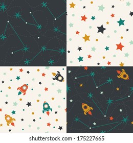 Four seamless pattern of planets, rockets and stars. Cartoon planet icons. Kid's elements for scrap-booking. Childish background. Hand drawn vector illustration. 