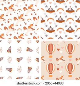 Four seamless pattern of planets, rockets, UFO,  unicorns  and air balloon and stars. Cartoon planet icons. Kid's elements for scrap-booking. Childish background. Hand drawn vector illustration.