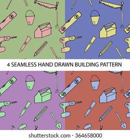 Four seamless pattern set with construction tools