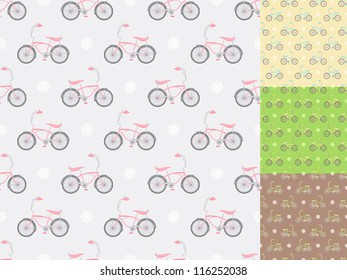four seamless patterns with bicycles in different colors. vector illustration