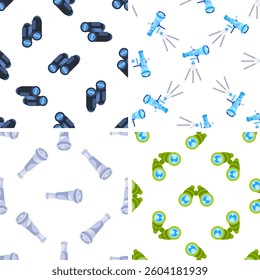 Four seamless patterns with binoculars, spyglass and telescope on a white background