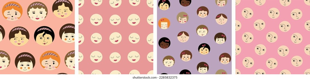 Four seamless patterns bundle, nice girlish faces. Continuous background, feminine image, stylish repeating design
