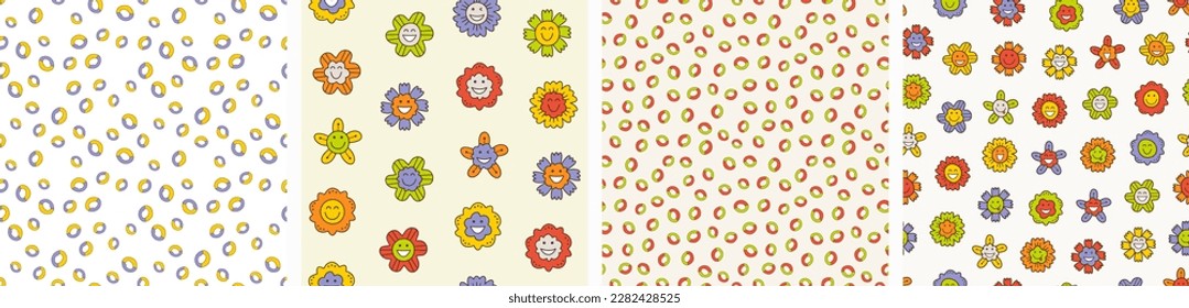 Four seamless patterns bundle, optimistic flowers. Colorful abstract background, comic floret figure, surface design for branding
