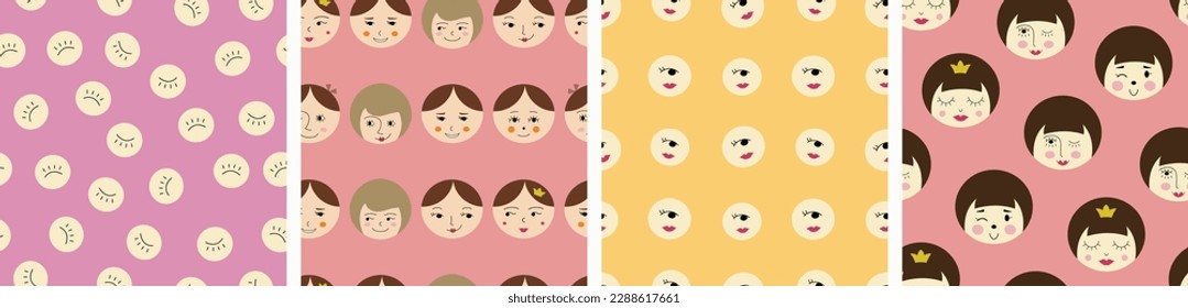 Four seamless patterns bundle, young girlish faces. Seamless colorful design, female countenance, drawn continuous background
