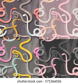 Four seamless patterns with colorful intertwined striped rain forest snakes, vector illustration