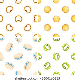 Four seamless patterns with colorful tambourines showing different perspectives and colors, perfect for music themed projects