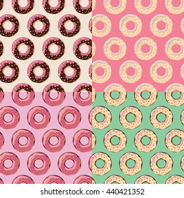 Four seamless patterns with colorful tasty glossy donuts, vector illustration