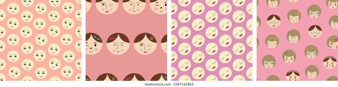 Four seamless patterns, comely girlish faces. Bright art background, women look, vector illustration in simple flat style
