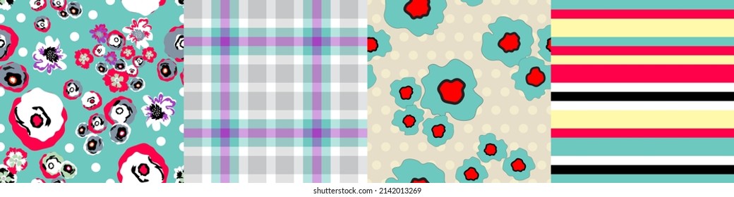 Four seamless patterns created in colors and shapes that complement each other. Poppies, Scottish square, strips and background with polka dots. For fabric print, cover, packing. Vector illustration.