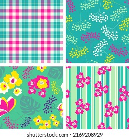 Four seamless patterns created in colors and shapes that complement each other. Scottish check, stripes, tropical flowers, leaves in green and lilac palette. For fabric, wrapping, cover. Eps10. Vector