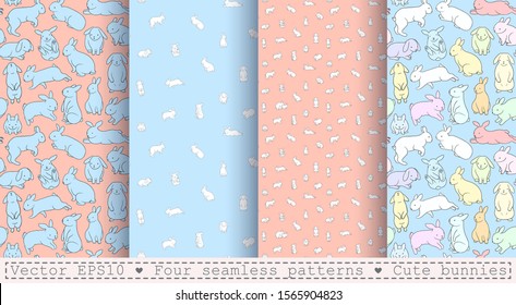 Four seamless patterns with cute bunnies. Cartoon white, bluee rabbits on a coral, skyey backgrounds. Linear, outline drawing. svg