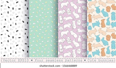 Four seamless patterns with cute bunnies. Cartoon white, bluee rabbits on a pastel backgrounds. Linear, outline drawing.