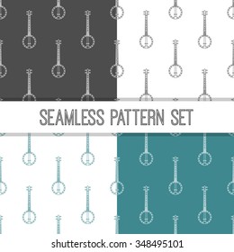 Four seamless patterns in different color solutions. Music background with banjo vector illustration.