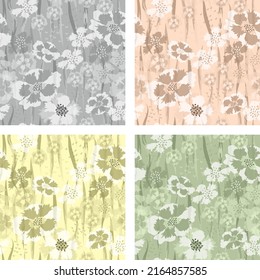 Four seamless patterns with flowers and leaves on backgrounds in pale pastel palette. Gray, pink, yellow, green pastel colors. For fabric print, wrapping, wallpaper, cover. Eps10. Vector.