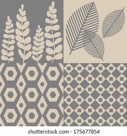 Four seamless patterns, geometric and leaves in grey and beige