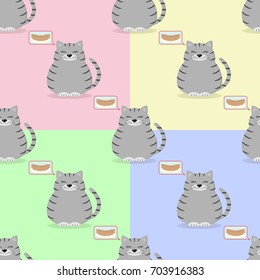 Four seamless patterns with a gray cat and sausages on different backgrounds.