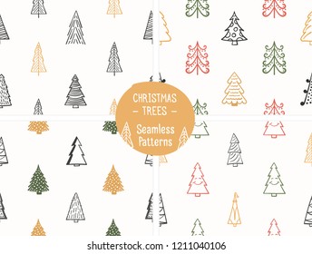 Four seamless patterns with handdrawn Christmas trees, vector eps10 illustration