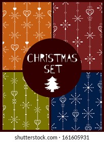 Four seamless patterns with hearts and snowflakes