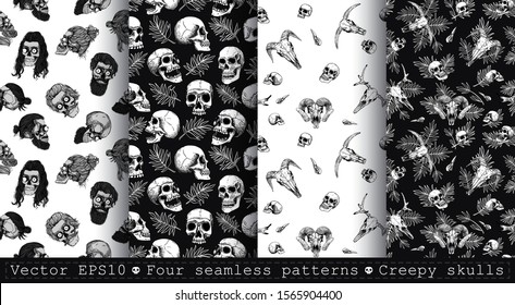 Four seamless patterns with human, animal skulls, beards and palm leaves. Heads of a bull, goat, ram and man. Halloween.