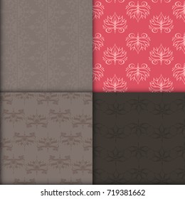 Four seamless patterns with lotuses. Can be used for backgrounds, business style, tattoo templates, cards design or else. Vector illustration.