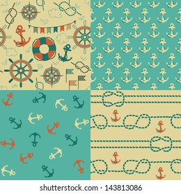Four seamless patterns of marine symbols. Use to create quilting patches or seamless backgrounds for various craft projects. 