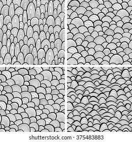 Four seamless patterns monochrome, vector abstract wavy backgrounds