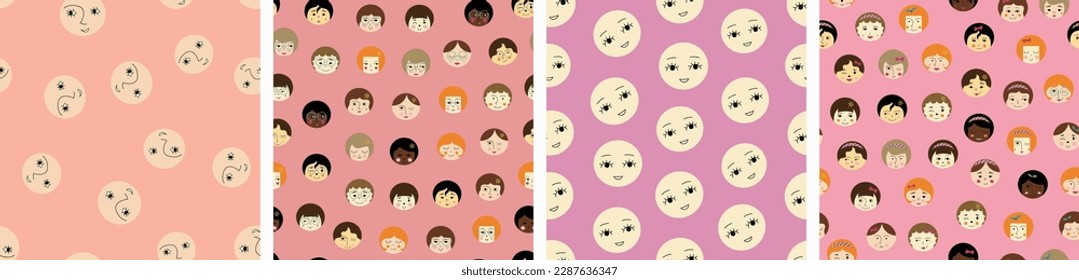 Cuatro patrones impecables, bonitas caras de chicas. Impresiones continuas universales, retrato femenino, diseño transparente para papel, marca
