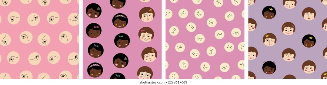 Four seamless patterns, nice girlish faces. Vector illustration in simple flat style, feminine look, bright art background
