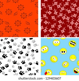 Four seamless patterns ornamental, with smiles icons, flowers, animal tracks. Vector