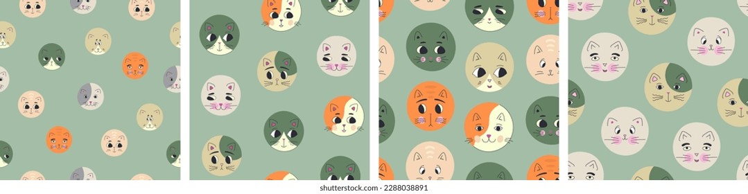 Four seamless patterns pack, black eyes cats. Repeating background, rounded kitten face, surface design for branding
