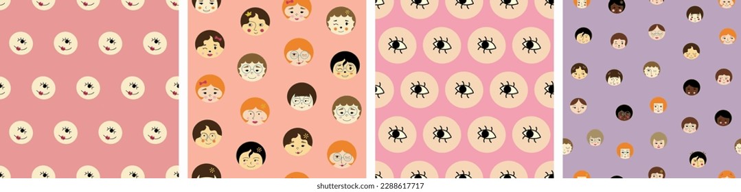 Four seamless patterns pack, comely girlish faces. Continuous design with creative shapes, women appearance, multicolor repeating backdrops
