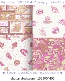Four seamless patterns with skulls, circus clown and beard heads. Comic book, pop art. Pink. Halloween.