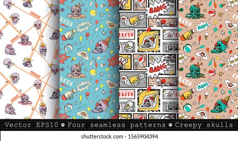 Four seamless patterns with skulls, superheroes circus elements and evil clown. Comic book, pop art. Halloween.
