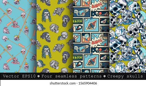 Four seamless patterns with skulls, superheroes circus clown and beard. Comic book, pop art. Halloween.