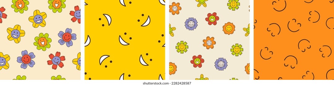 Four seamless patterns, smiles flowers. Art background, floral illustration, surface design with simple shapes
