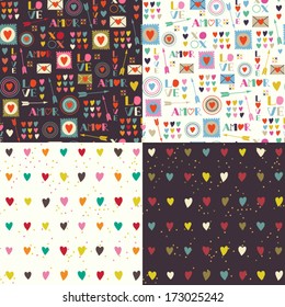 Four seamless patterns of Valentines day with colorful hearts and letters. Valentines hearts. Kids elements for scrap booking. Childish background. Hand drawn vector illustration. 