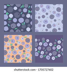 four seamless patterns with wild blueberries, bilberries and leaves on a lilac background. berry tea and dessert. Modern abstract design for packaging, paper, cover, fabric