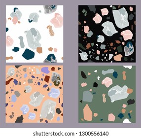 Four seamless terrazzo patterns, Classic Italian texture. Set of unique marble patterns, Granite textured shapes in vibrant colors. Abstract geometric trendy print
