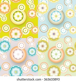 Four seamless texture with lemons and oranges on colorful backgrounds