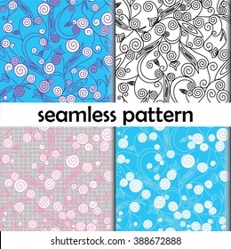 Four seamless textures with drawing curls and circles on a pink, blue, gray and cream background. Vector illustration.
