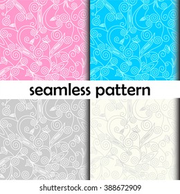 Four seamless textures with drawing curls on a pink, blue, gray and cream background. Vector illustration.