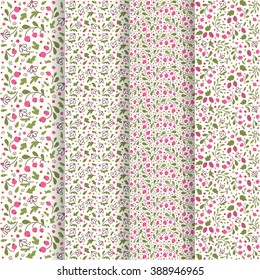 Four seamless textures in the general style. Flowers and berries. A vector.
