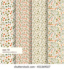 Four seamless textures in the general style. Flowers and berries. A vector.