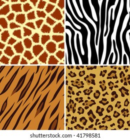 Four seamless tiling animal print giraffe, zebra, tiger and leopard, vector illustration