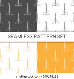 Four seamless vector patterns in different color solutions. Music background with balalaika vector outline illustration. Design element for music store or studio packaging or t-shirt design.