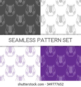 Four seamless vector patterns in different colors. Music background with harp vector outline illustration. Design element for music store or studio packaging or t-shirt design.