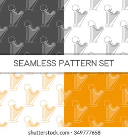 Four seamless vector patterns in different colors. Music background with harp vector outline illustration. Design element for music store or studio packaging or t-shirt design.
