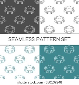 Four seamless vector patterns in different colors. Music background with tambourine vector outline illustration. Design element for music store or studio packaging or t-shirt design.