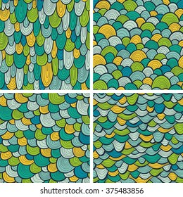 Four seamless wave textures, colorful vector backgrounds with hand drawn waves