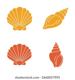 Vier Muschelvektorsymbole in Orange und Gelb auf weißem Hintergrund. Perfekt für Sommer- oder Stranddesigns.